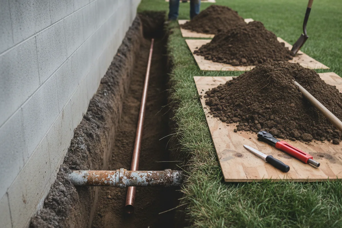Excavated water line trench during Water Softener Installation in West Ridge